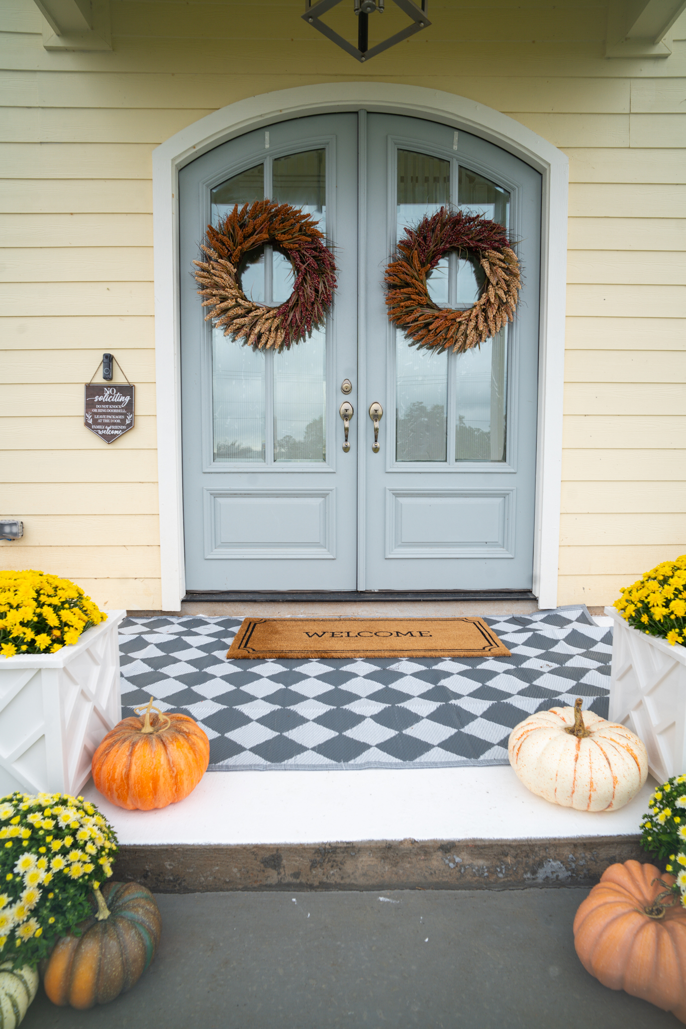 fall front door wreaths, double front door, planter box 