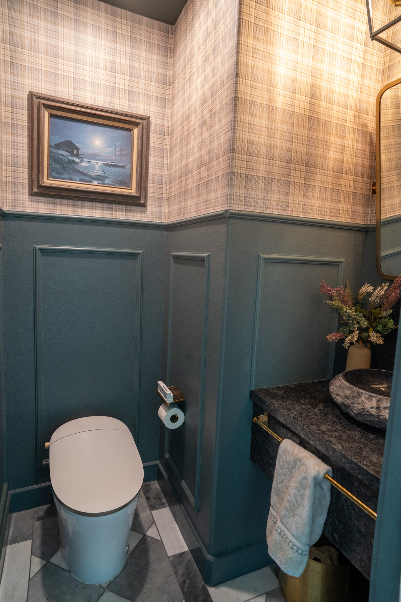 vessel sink, dark blue wall color, black sink, plaid wallpaper, built in sink, floating bathroom sink 